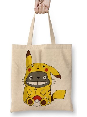 Toyaso Pokemon Go Pikachu Raichu Totoro Miyazaki Beyaz Bez Çanta Uzun Saplı Alışveriş Çantası Plaj Çantası