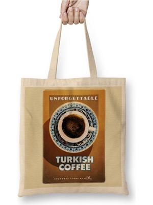 Toyaso Türk Kahvesi Beyaz Bez Çanta Uzun Saplı Alışveriş Çantası Plaj Çantası