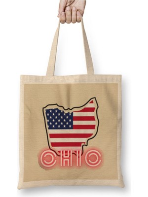 Toyaso Ohio State Flag America Beyaz Bez Çanta Uzun Saplı Alışveriş Çantası Plaj Çantası