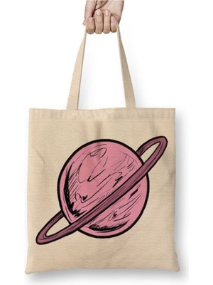 Toyaso Satürn Gezegen Pembe Beyaz Bez Çanta Uzun Saplı Alışveriş Çantası Plaj Çantası