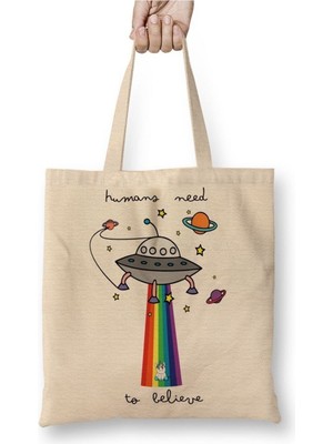 Toyaso Humans Need To Belive Gezegen Beyaz Bez Çanta Uzun Saplı Alışveriş Çantası Plaj Çantası