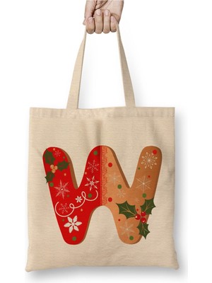 Toyaso W Harfi Beyaz Bez Çanta Uzun Saplı Alışveriş Çantası Plaj Çantası