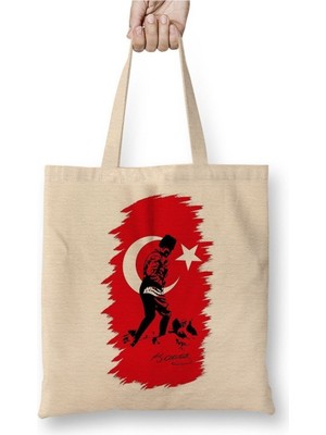 Toyaso Mustafa Kemal Atatürk 09 Beyaz Bez Çanta Uzun Saplı Alışveriş Çantası Plaj Çantası