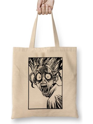 Toyaso Senku Ishigami Funny Face Beyaz Bez Çanta Uzun Saplı Alışveriş Çantası Plaj Çantası