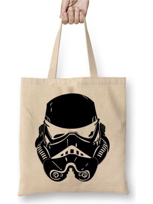 Toyaso Stormtrooper Black Beyaz Bez Çanta Uzun Saplı Alışveriş Çantası Plaj Çantası