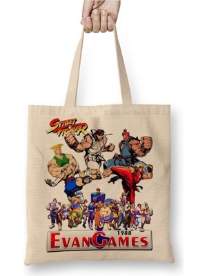 Toyaso Street Fighter Evan Games 1988 Beyaz Bez Çanta Uzun Saplı Alışveriş Çantası Plaj Çantası