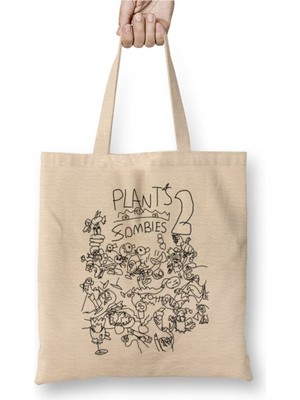 Toyaso Plants Vs Zombies Doodle Up Beyaz Bez Çanta Uzun Saplı Alışveriş Çantası Plaj Çantası