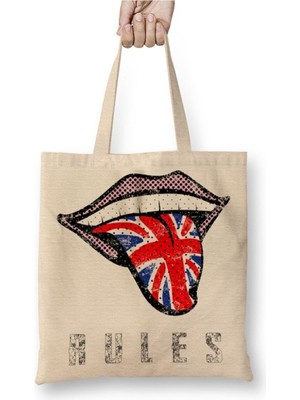 Toyaso Estampa Rules Especial Rolling Stones Beyaz Bez Çanta Uzun Saplı Alışveriş Çantası Plaj Çantası