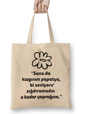 Toyaso Komik Söz Sana Kızgınım Papatya Beyaz Bez Çanta Uzun Saplı Alışveriş Çantası Plaj Çantası