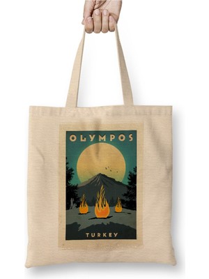 Toyaso Antalya Olimpos Yanartaş Beyaz Bez Çanta Uzun Saplı Alışveriş Çantası Plaj Çantası