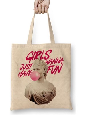 Toyaso Girls Just Wanna Have Fun Beyaz Bez Çanta Uzun Saplı Alışveriş Çantası Plaj Çantası