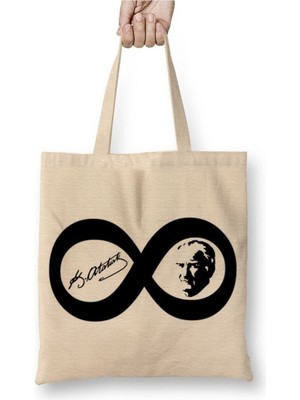 Toyaso Mustafa Kemal Atatürk Sonsuzluk Işareti Beyaz Bez Çanta Uzun Saplı Alışveriş Çantası Plaj Çantası