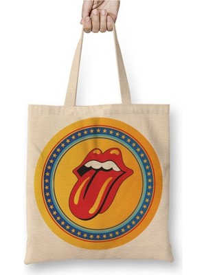 Toyaso Rolling Stones Beyaz Bez Çanta Uzun Saplı Alışveriş Çantası Plaj Çantası