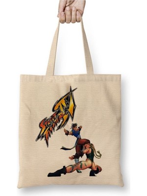 Toyaso Street Fighter Chunli Vs Camy Beyaz Bez Çanta Uzun Saplı Alışveriş Çantası Plaj Çantası