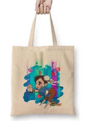 Toyaso Street Fighter Chun Li Beyaz Bez Çanta Uzun Saplı Alışveriş Çantası Plaj Çantası