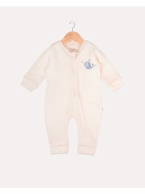 Hoogie %100 Organik Pamuk Gots Sertifikalı Fermuarlı Zippered Whale Romper Desenli Bebek Tulum - Ekru
