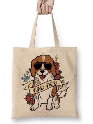 Toyaso Cavalier King Charles Spaniel Bad Dog Beyaz Bez Çanta Uzun Saplı Alışveriş Çantası Plaj Çantası