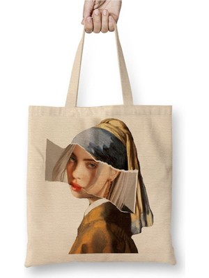 Toyaso Billie Eilish Inci Küpeli Kız Beyaz Bez Çanta Uzun Saplı Alışveriş Çantası Plaj Çantası