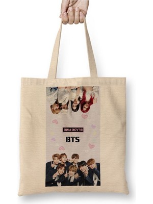 Toyaso Bts ve Blackpink Beyaz Bez Çanta Uzun Saplı Alışveriş Çantası Plaj Çantası