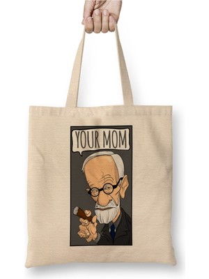 Toyaso Sigmund Freud Your Mom Freud Beyaz Bez Çanta Uzun Saplı Alışveriş Çantası Plaj Çantası