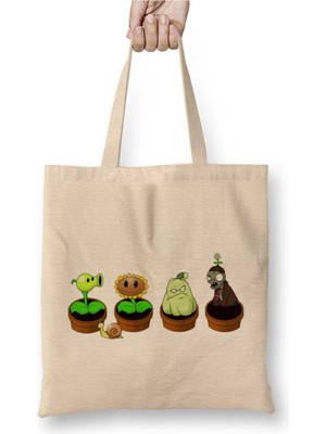 Toyaso Plants Vs Zombies Zen Garden Beyaz Bez Çanta Uzun Saplı Alışveriş Çantası Plaj Çantası