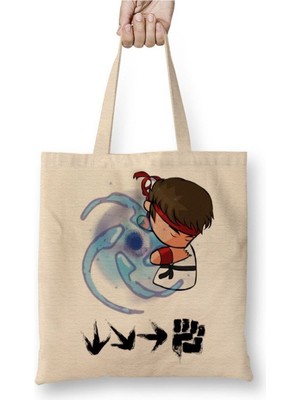 Toyaso Hadouken Ryu Street Fighter Beyaz Bez Çanta Uzun Saplı Alışveriş Çantası Plaj Çantası