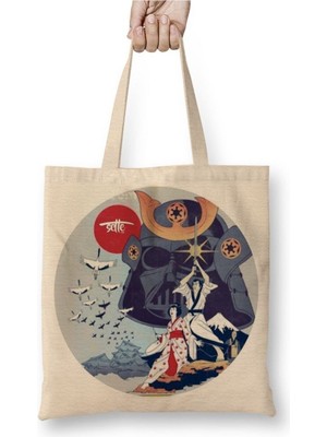 Toyaso Samurai Fight Star Wars Japan Beyaz Bez Çanta Uzun Saplı Alışveriş Çantası Plaj Çantası