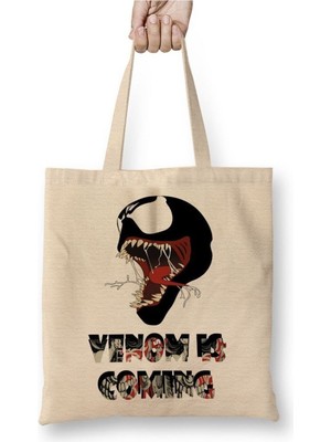 Toyaso Venom Is Coming Beyaz Bez Çanta Uzun Saplı Alışveriş Çantası Plaj Çantası