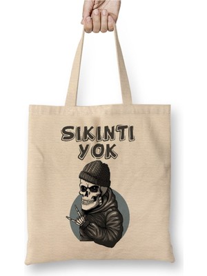 Toyaso Sıkıntı Yok Komik Beyaz Bez Çanta Uzun Saplı Alışveriş Çantası Plaj Çantası