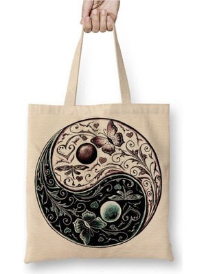 Toyaso Ying Yang Beyaz Bez Çanta Uzun Saplı Alışveriş Çantası Plaj Çantası