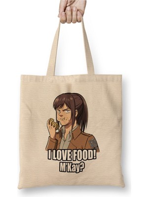 Toyaso Attack On Titan Sasha I Love Food M'kay Beyaz Bez Çanta Uzun Saplı Alışveriş Çantası Plaj Çantası