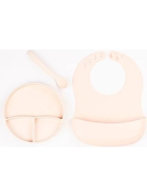 İntora Krem Rengi 3’lü Silikon Yemek Seti – Önlük + Diş Kaşıyıcılı Kaşık + Vakumlu Tabak