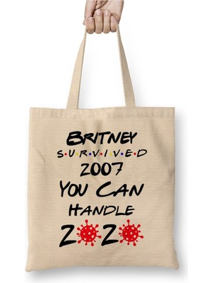 Toyaso Britney Survived 2007 You Can Handle 2020 Beyaz Bez Çanta Uzun Saplı Alışveriş Çantası Plaj Çantası