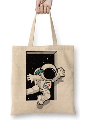 Toyaso Astronot Astronaut Beyaz Bez Çanta Uzun Saplı Alışveriş Çantası Plaj Çantası