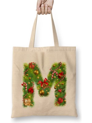 Toyaso Yeni Yıl Yılbaşı Özel M Harfli Mutlu Yıllar Bez Çanta Uzun Saplı Alışveriş Çantası Plaj Çantası