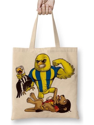 Toyaso Kanarya Kartalı ve Aslanı Boğazlıyor Beyaz Bez Çanta Uzun Saplı Alışveriş Çantası Plaj Çantası