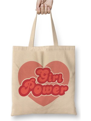 Toyaso Girl Power Feminist Beyaz Bez Çanta Uzun Saplı Alışveriş Çantası Plaj Çantası