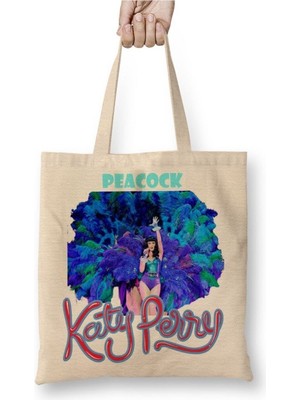 Toyaso Katy Perry Peacock Beyaz Bez Çanta Uzun Saplı Alışveriş Çantası Plaj Çantası