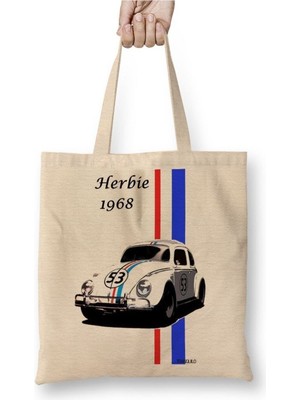 Toyaso Herbie 1968 Araba Beyaz Bez Çanta Uzun Saplı Alışveriş Çantası Plaj Çantası