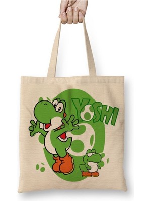 Toyaso Mario ve Yoshi Beyaz Bez Çanta Uzun Saplı Alışveriş Çantası Plaj Çantası