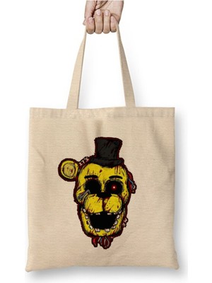 Toyaso Golden Freddy Fnaf Beyaz Bez Çanta Uzun Saplı Alışveriş Çantası Plaj Çantası