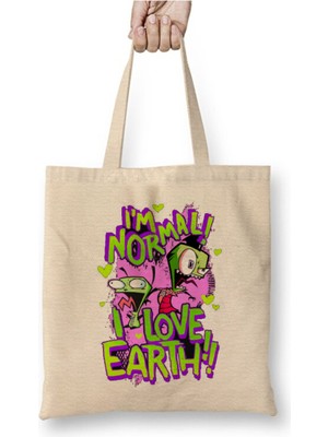 Toyaso Invader Zim Gir I'm Normal I Love Earth Beyaz Bez Çanta Uzun Saplı Alışveriş Çantası Plaj Çantası