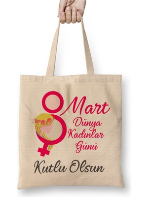 Toyaso 8 Mart Dünya Kadınlar Günü Beyaz Bez Çanta Uzun Saplı Alışveriş Çantası Plaj Çantası