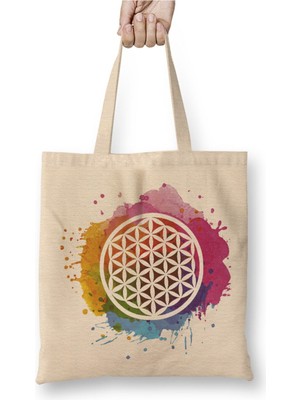 Toyaso Yaşam Çiçeği Boya Parçaları Beyaz Bez Çanta Uzun Saplı Alışveriş Çantası Plaj Çantası