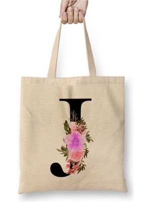 Toyaso J Harfi Beyaz Bez Çanta Uzun Saplı Alışveriş Çantası Plaj Çantası