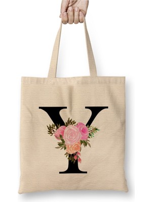 Toyaso Y Harfi Beyaz Bez Çanta Uzun Saplı Alışveriş Çantası Plaj Çantası