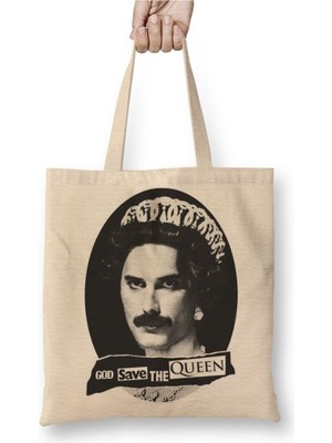 Toyaso God Save The Queen 01 Beyaz Bez Çanta Uzun Saplı Alışveriş Çantası Plaj Çantası