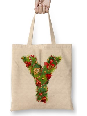 Toyaso Yeni Yıl Yılbaşı Özel Y Harfli Mutlu Yıllar Bez Çanta Uzun Saplı Alışveriş Çantası Plaj Çantası