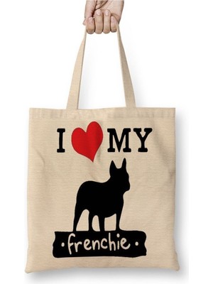 Toyaso I Love French Bulldog Köpek Beyaz Bez Çanta Uzun Saplı Alışveriş Çantası Plaj Çantası
