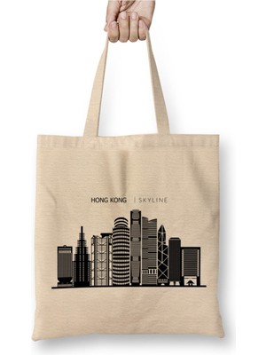 Toyaso Hong Kong Skyline Outline Cityscape Travel Beyaz Bez Çanta Uzun Saplı Alışveriş Çantası Plaj Çantası